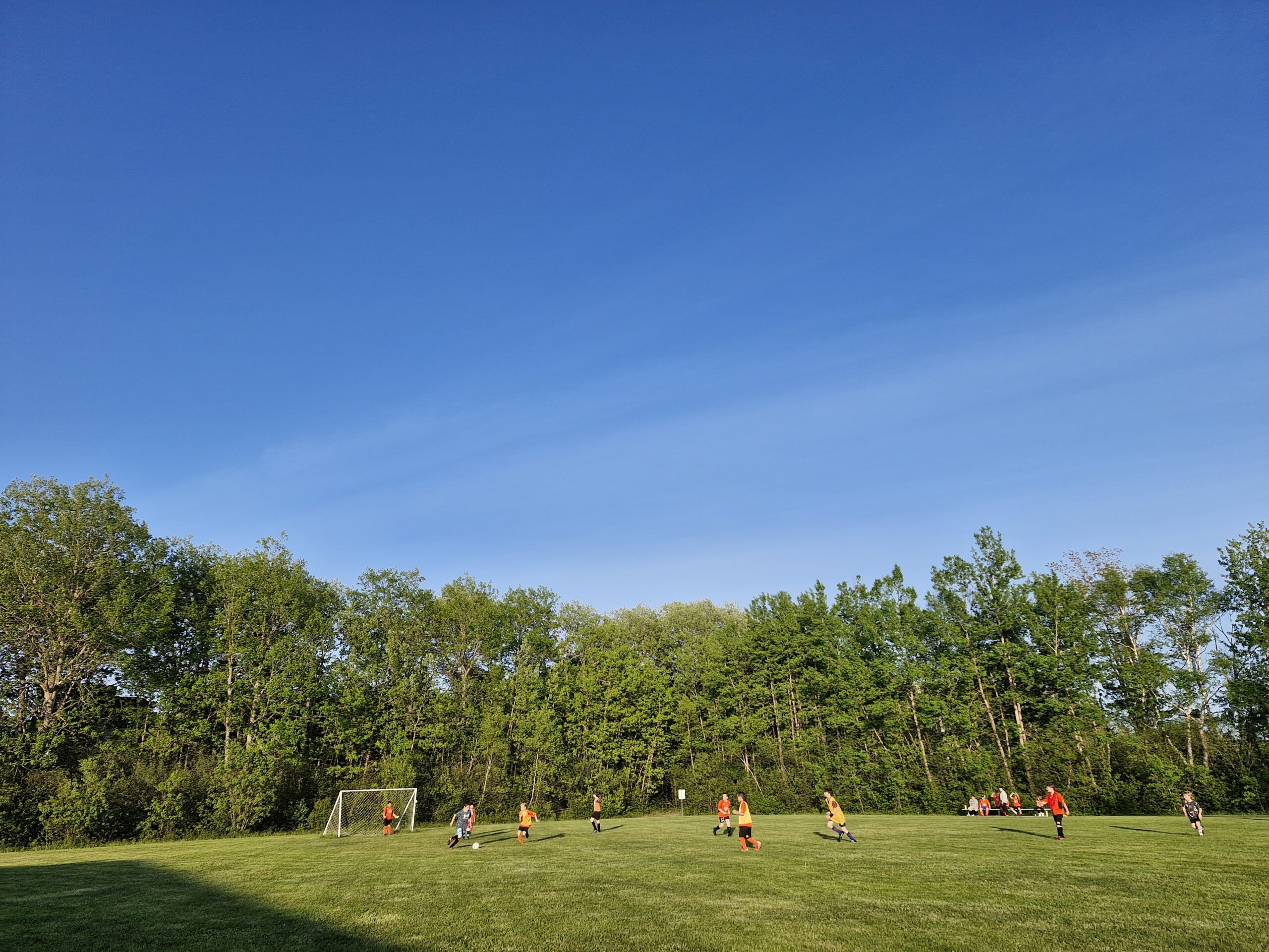 캐나다에서 아이들이 필드에서 함께 축구하고 있는 이미지