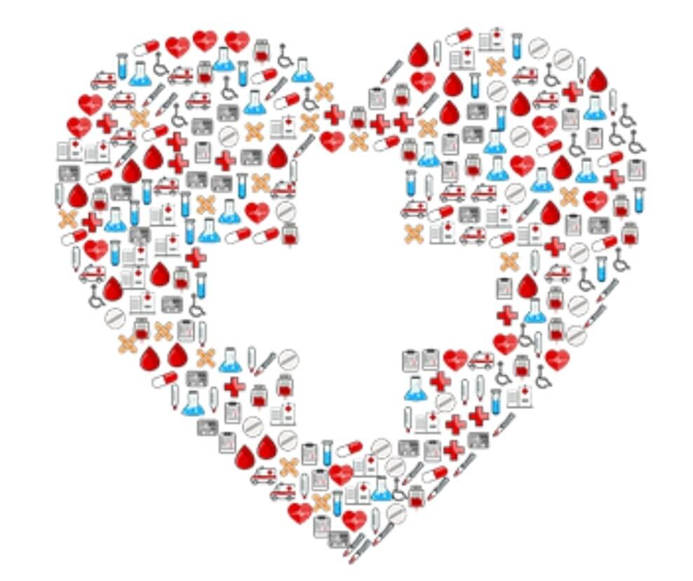 하트 안에 적십자 모양, 하트안에 병원관련 이미지 그림이 채워져있음