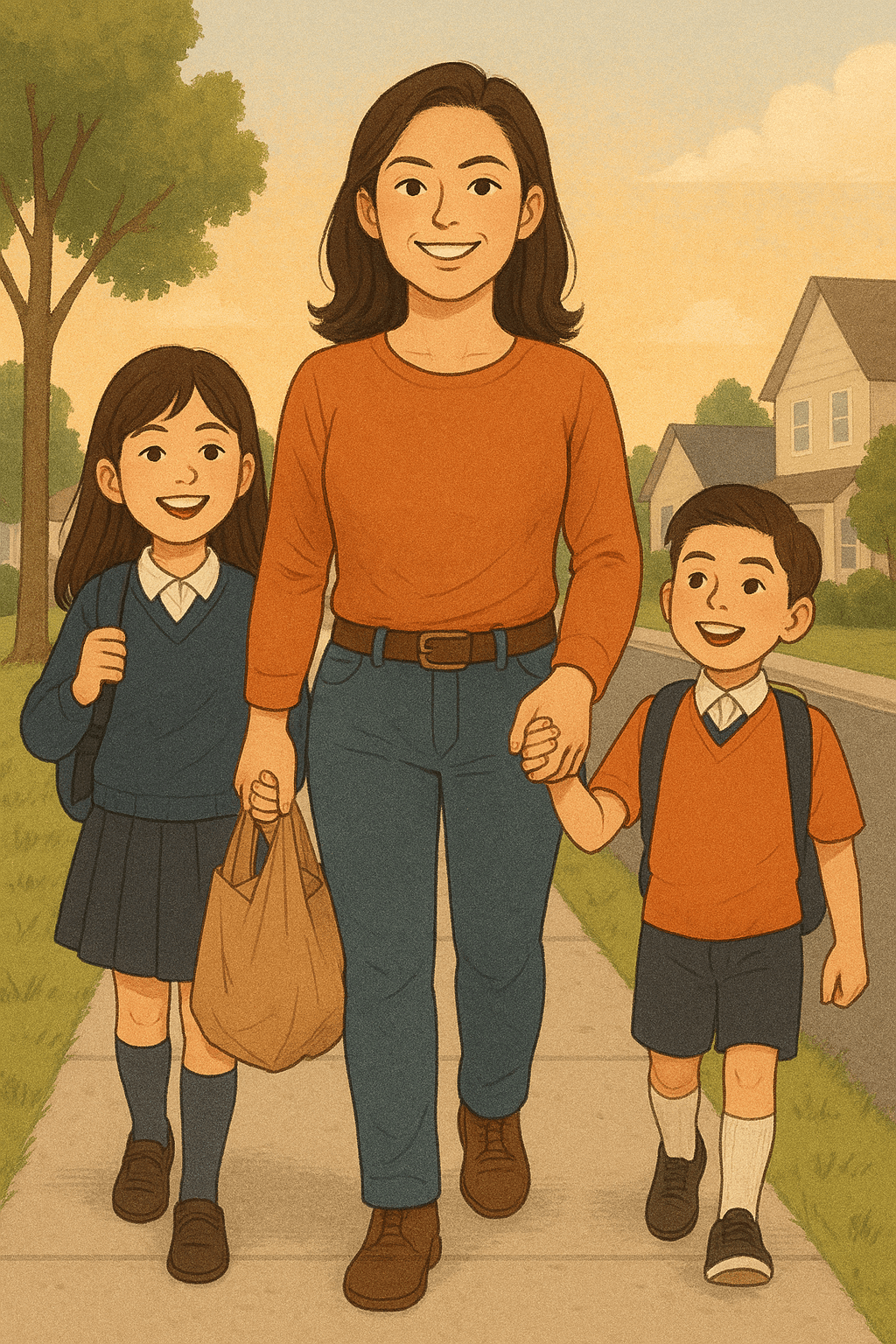 엄마와 아이들이 함께 걸어가는 모습