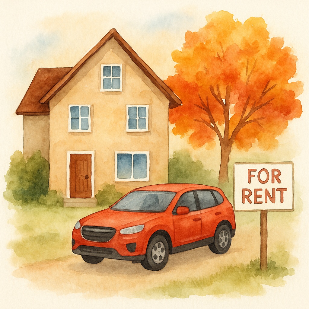 캐나다의 렌트하우스와 빨간 자동차 일러스트가 그려져 있다.