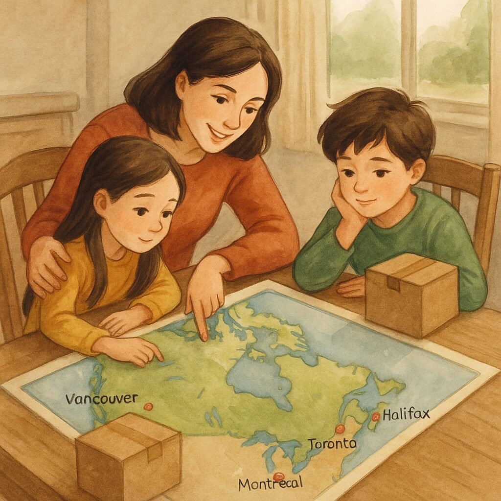 엄마와 아이들이 함께 북아메리카 지도를 보고 있는 그림