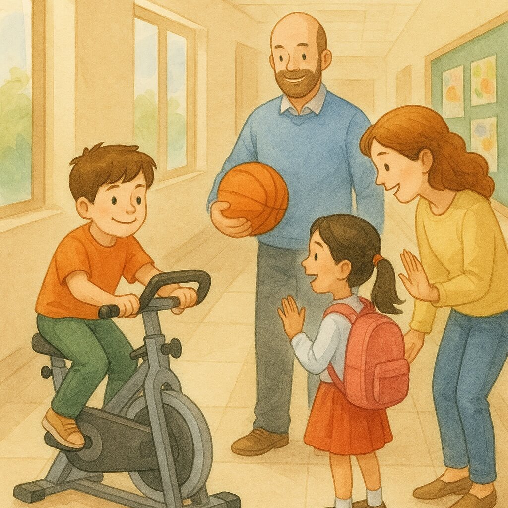 아이가 자전거를 타는보습을 교감선생님이 농구공을 들고 함께 응원해주고 보고있음