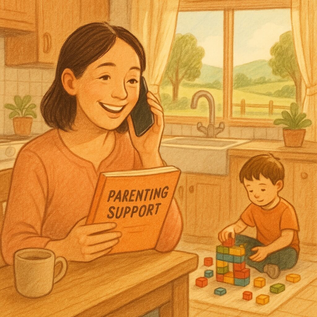 엄마가 컨설팅을 전화로 받고있는 모습, 아이는 옆에서 장난감을 가지고 놀고있음.