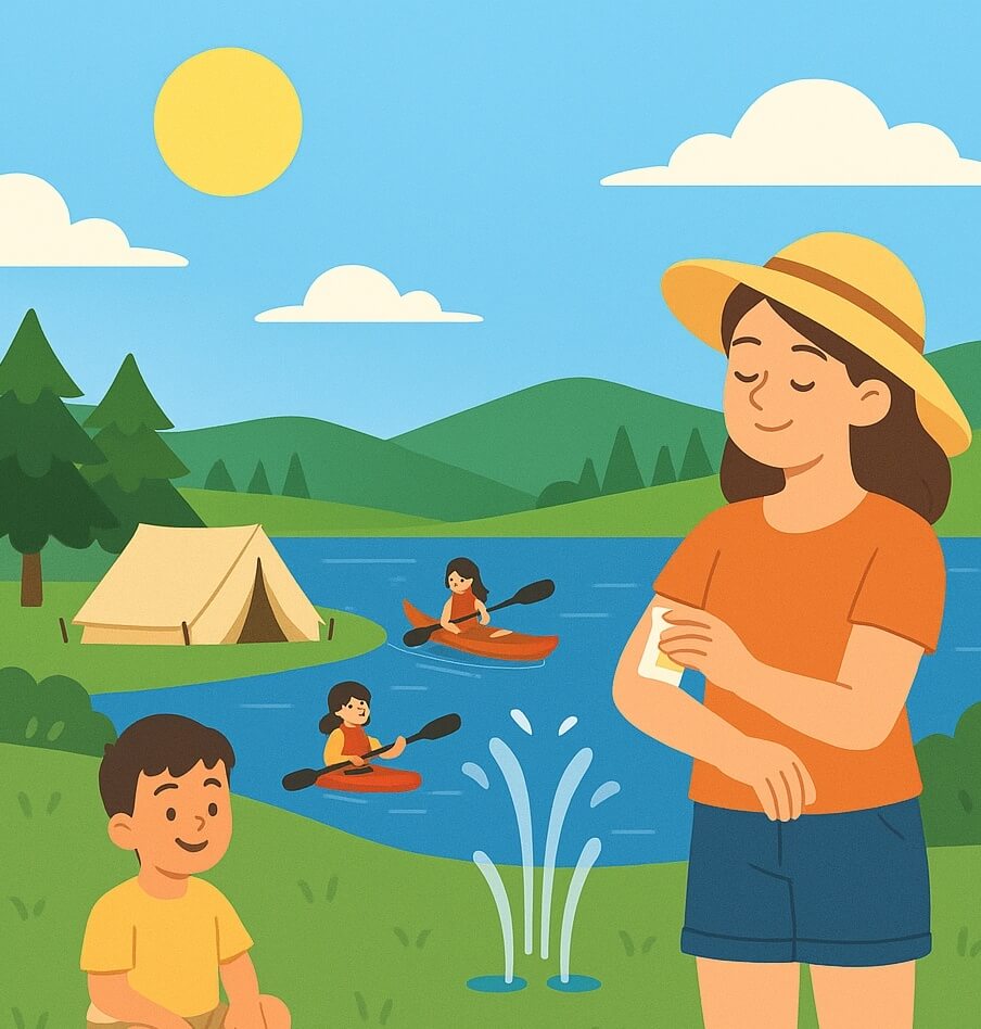 가족들이 호수에서 여름을 즐기는 모습