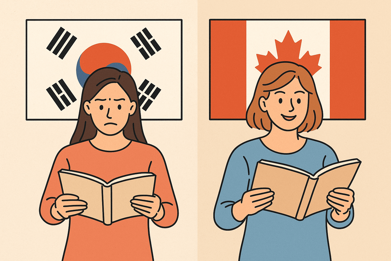 한국인 부모와 캐나다 부모가 각 나라 국기앞에 서서 책을 보고있음.