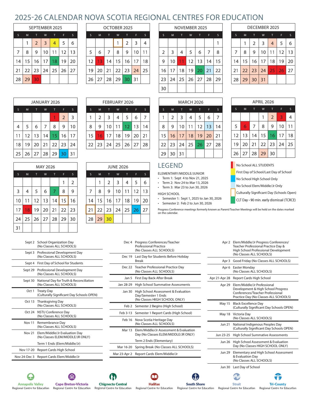 노바스코샤의 학사일정 2025~2026년도