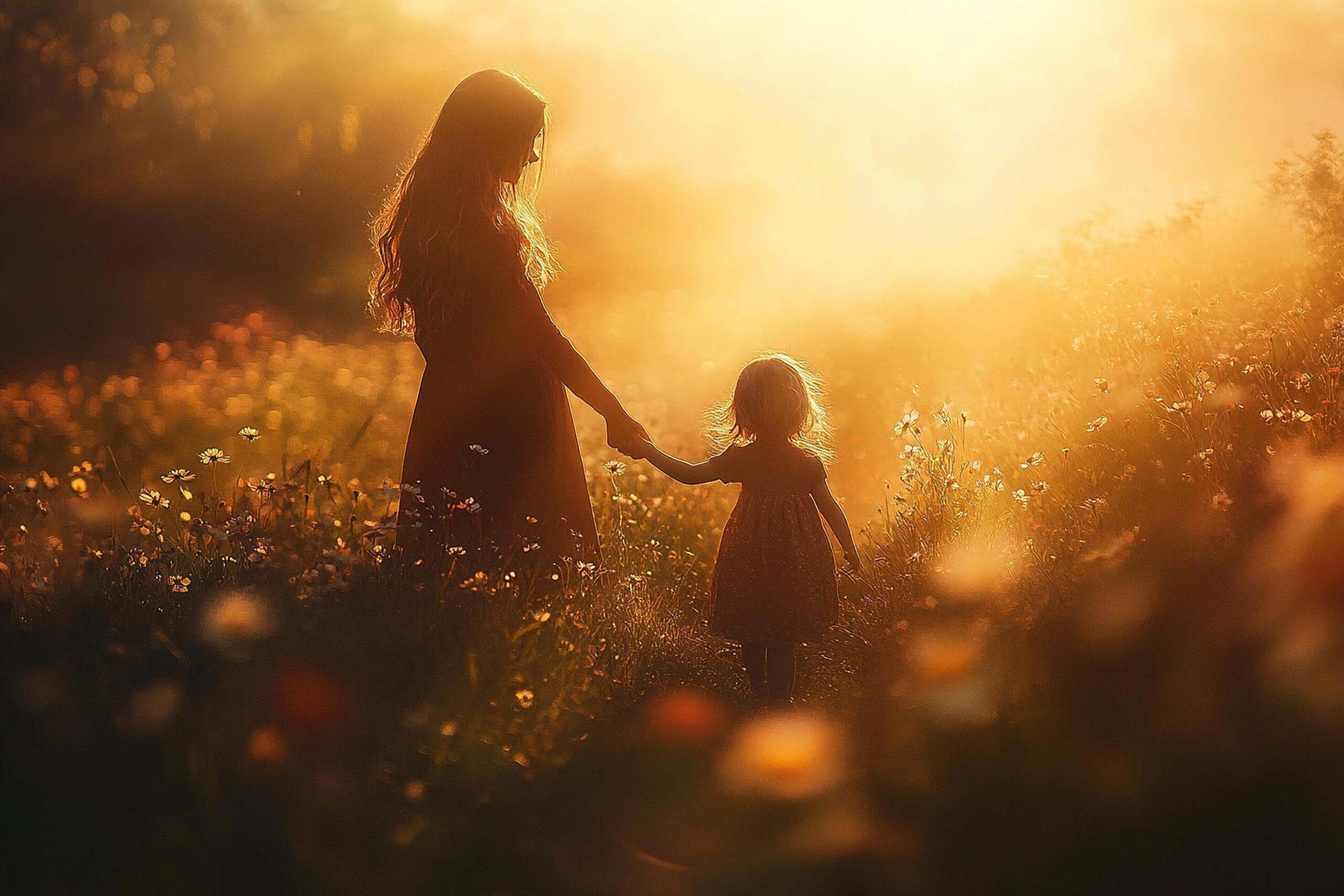 뒷모습, 햇살 가득한 들판에서 걷는 엄마와 아이