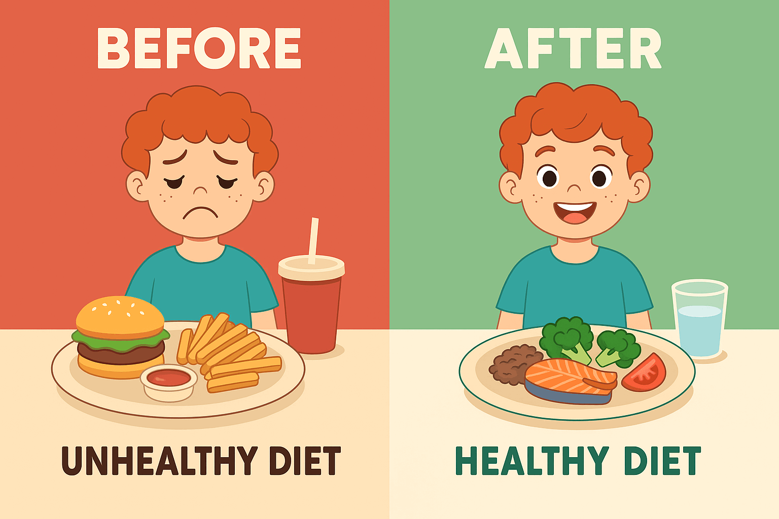 건강한 음식 먹은 아이의 모습과 건강하지 않은 음식을 먹은 아이 비교 사진